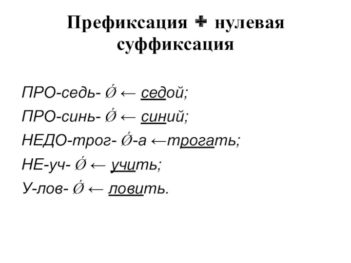 Префиксация + нулевая суффиксация ПРО-седь- Ǿ ← седой; ПРО-синь- Ǿ