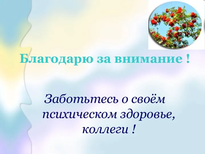 Благодарю за внимание ! Заботьтесь о своём психическом здоровье, коллеги !