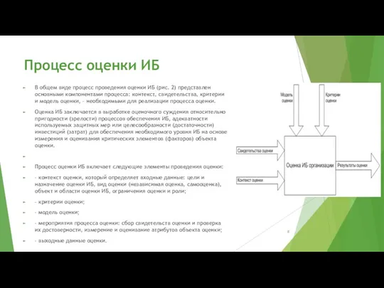 Процесс оценки ИБ В общем виде процесс проведения оценки ИБ