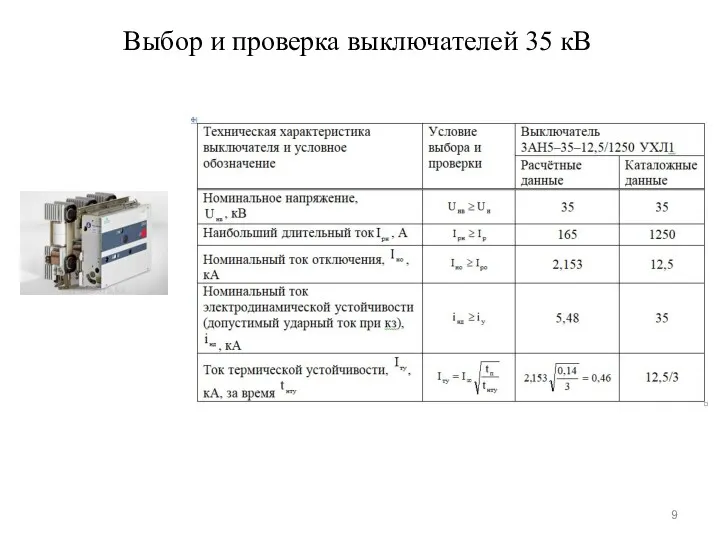 Выбор и проверка выключателей 35 кВ