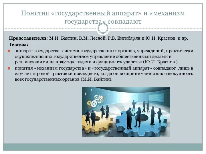 Понятия «государственный аппарат» и «механизм государства» совпадают Представители: М.И. Байтин, В.М. Лесной, Р.В.