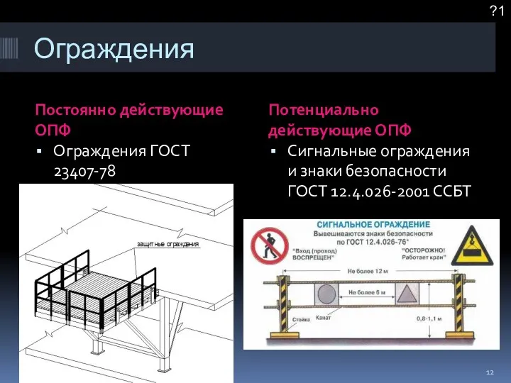 Ограждения Постоянно действующие ОПФ Потенциально действующие ОПФ Ограждения ГОСТ 23407-78