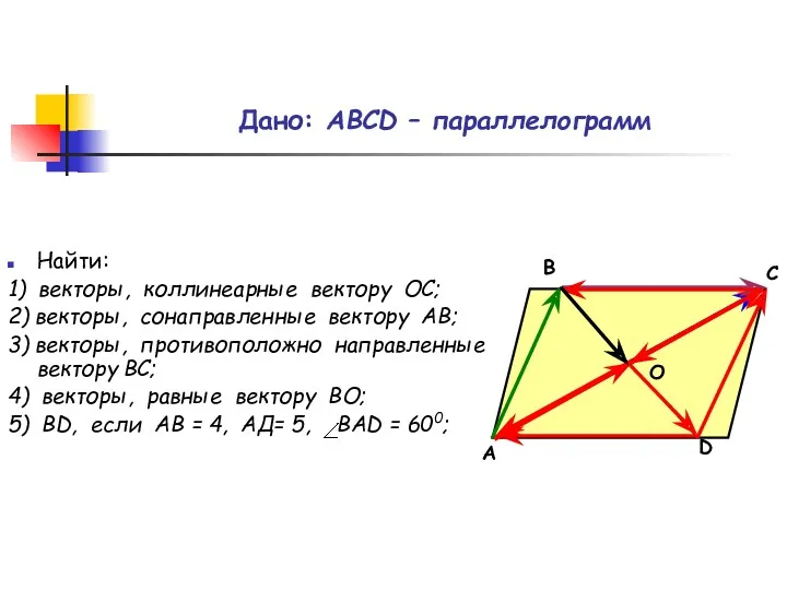 Дано: АВСD – параллелограмм Найти: 1) векторы, коллинеарные вектору ОС;