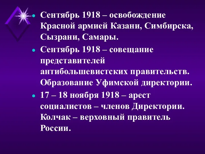 Сентябрь 1918 – освобождение Красной армией Казани, Симбирска, Сызрани, Самары.