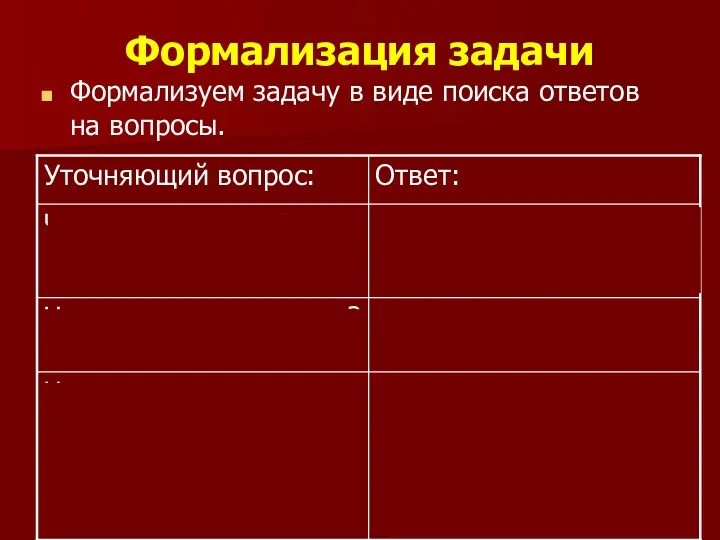 Формализация задачи Формализуем задачу в виде поиска ответов на вопросы.