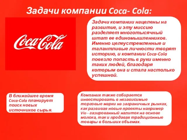 Задачи компании Coca- Cola: