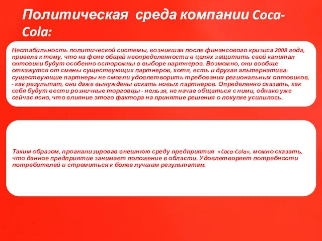 Политическая среда компании Coca- Cola: