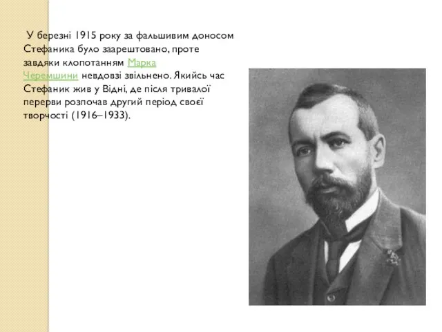 У березні 1915 року за фальшивим доносом Стефаника було заарештовано,