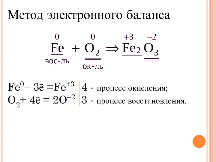 Метод электронного баланса Fe0– 3ē =Fe+3 4 - процесс окисления;