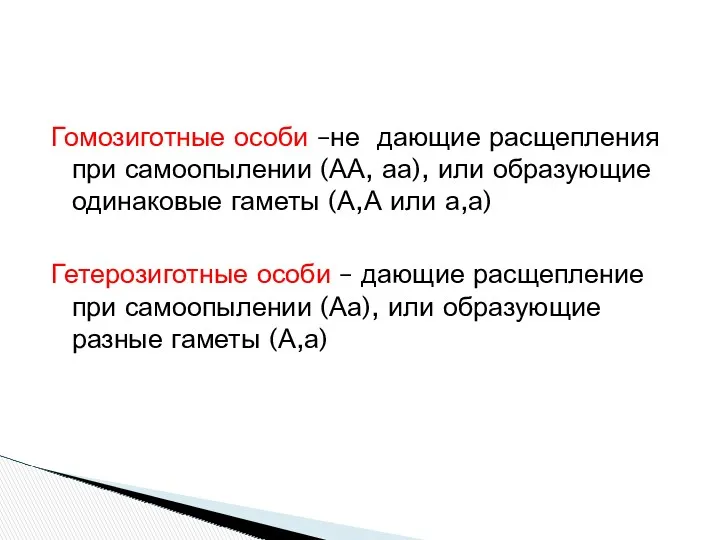 Гомозиготные особи –не дающие расщепления при самоопылении (АА, аа), или