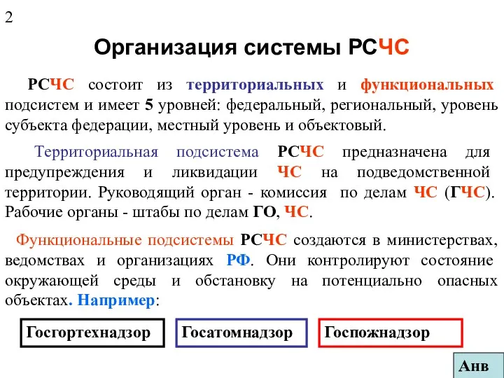 Организация системы РСЧС РСЧС состоит из территориальных и функциональных подсистем и имеет 5