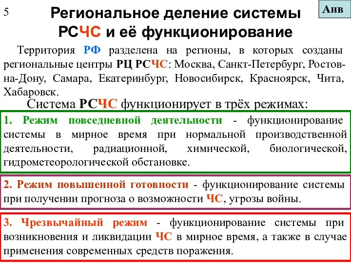 Региональное деление системы РСЧС и её функционирование Территория РФ разделена на регионы, в