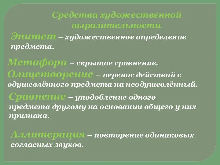 Средства художественной выразительности. Эпитет – художественное определение предмета. Метафора – скрытое сравнение. Олицетворение