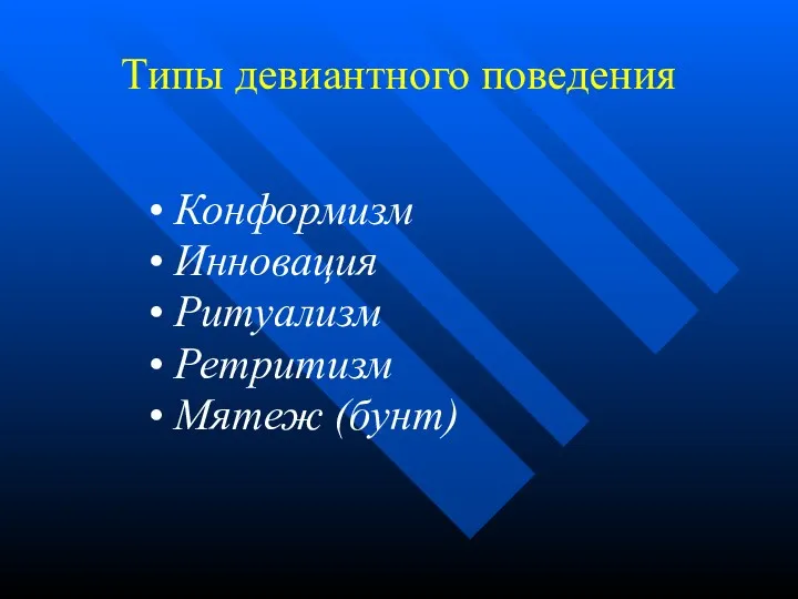 Типы девиантного поведения • Конформизм • Инновация • Ритуализм • Ретритизм • Мятеж (бунт)