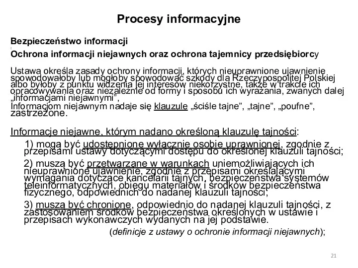 Procesy informacyjne Bezpieczeństwo informacji : Ochrona informacji niejawnych oraz ochrona tajemnicy przedsiębiorcy Ustawa