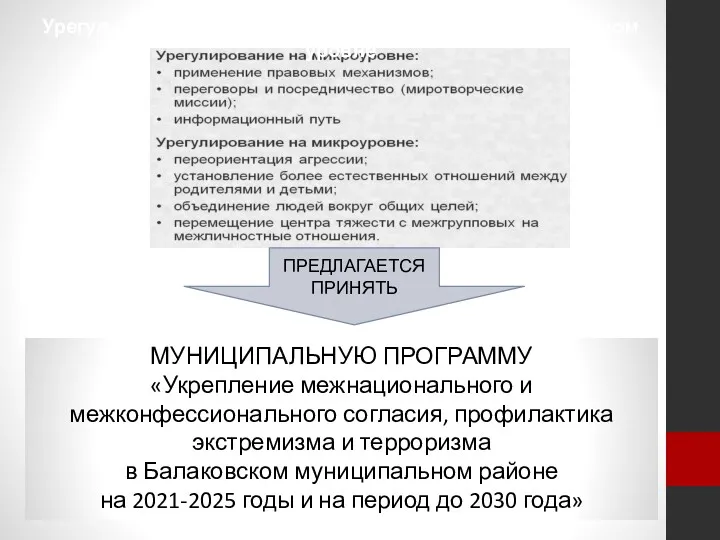 Урегулирование этнических конфликтов на муниципальном уровне ПРЕДЛАГАЕТСЯ ПРИНЯТЬ МУНИЦИПАЛЬНУЮ ПРОГРАММУ