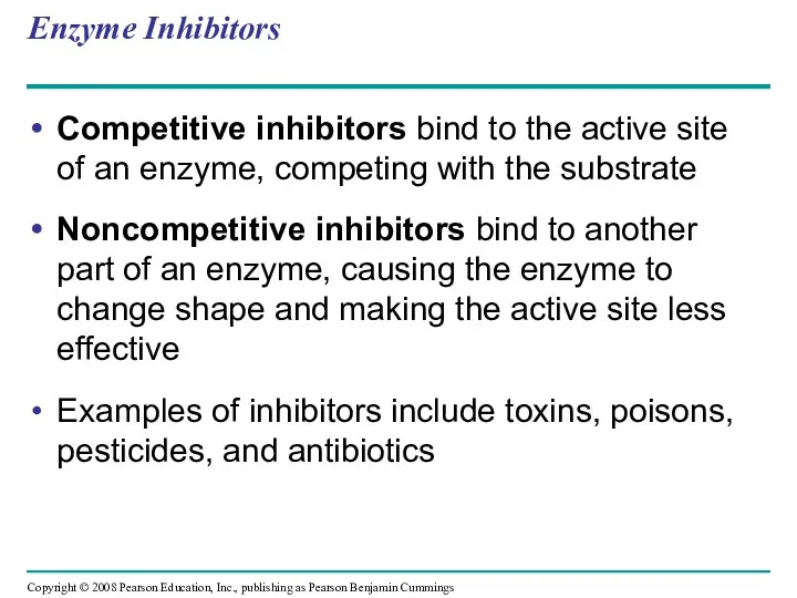 Enzyme Inhibitors Competitive inhibitors bind to the active site of