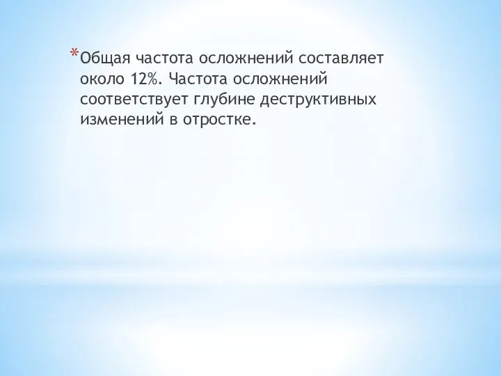 Общая частота осложнений составляет около 12%. Частота осложнений соответствует глубине деструктивных изменений в отростке.