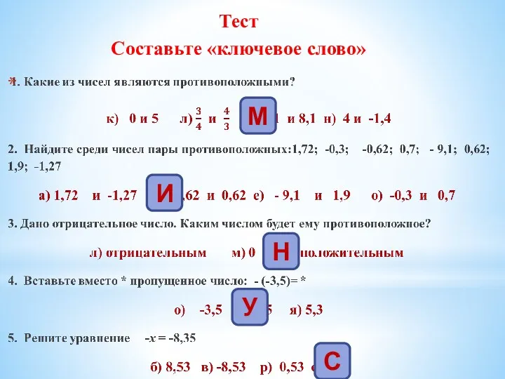 Тест Составьте «ключевое слово» М И Н У С