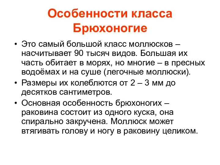 Особенности класса Брюхоногие Это самый большой класс моллюсков – насчитывает