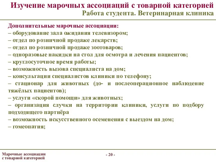 - - Изучение марочных ассоциаций с товарной категорией Работа студента. Ветеринарная клиника Дополнительные