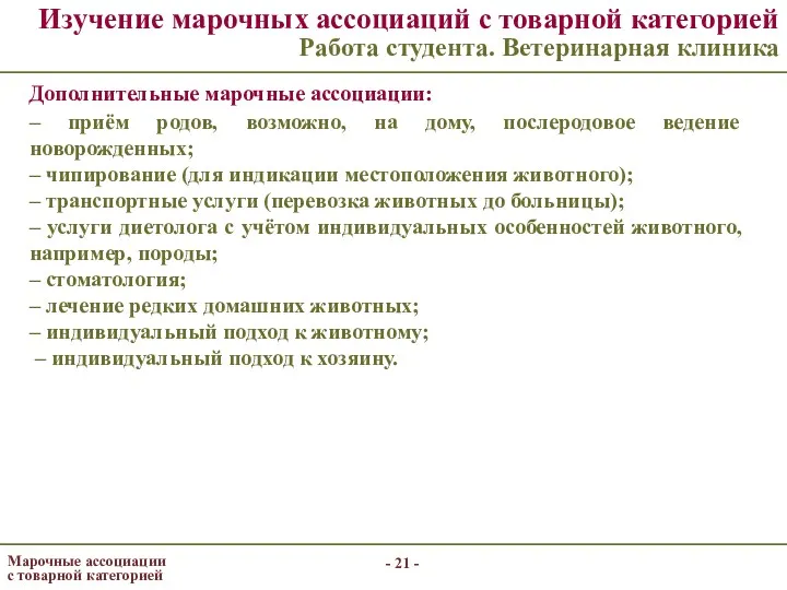 - - Изучение марочных ассоциаций с товарной категорией Работа студента. Ветеринарная клиника Дополнительные