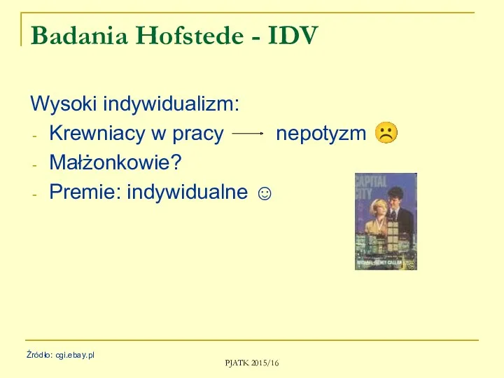 PJATK 2015/16 Badania Hofstede - IDV Wysoki indywidualizm: Krewniacy w