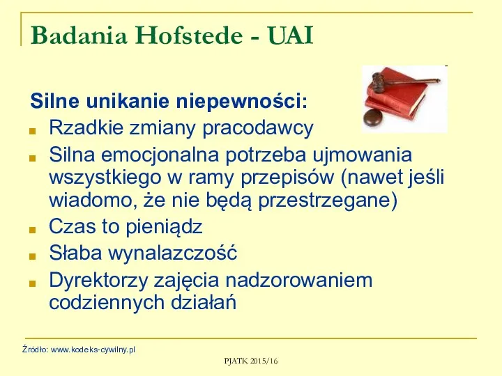 PJATK 2015/16 Badania Hofstede - UAI Silne unikanie niepewności: Rzadkie