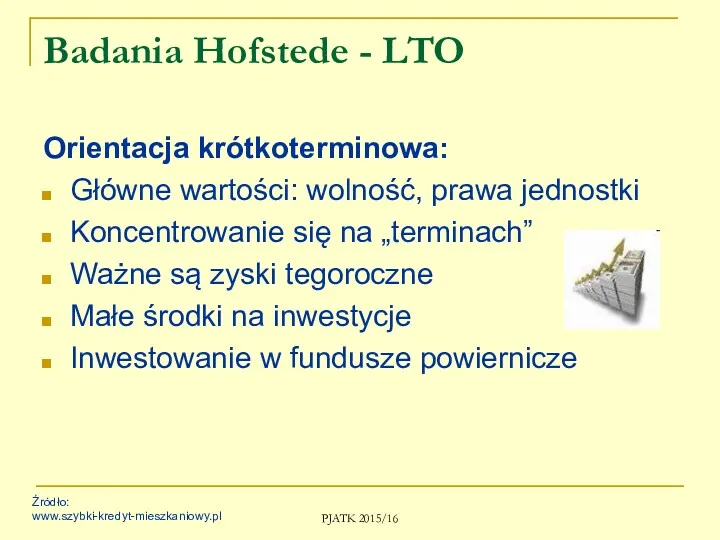 PJATK 2015/16 Badania Hofstede - LTO Orientacja krótkoterminowa: Główne wartości: