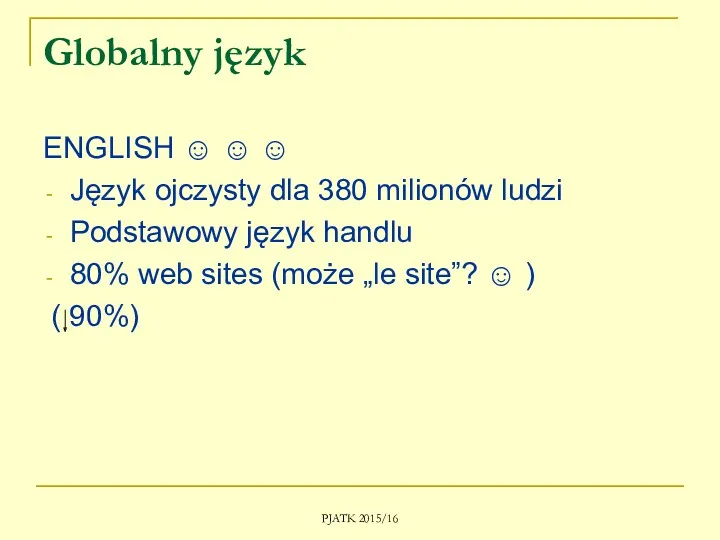 PJATK 2015/16 Globalny język ENGLISH ☺ ☺ ☺ Język ojczysty