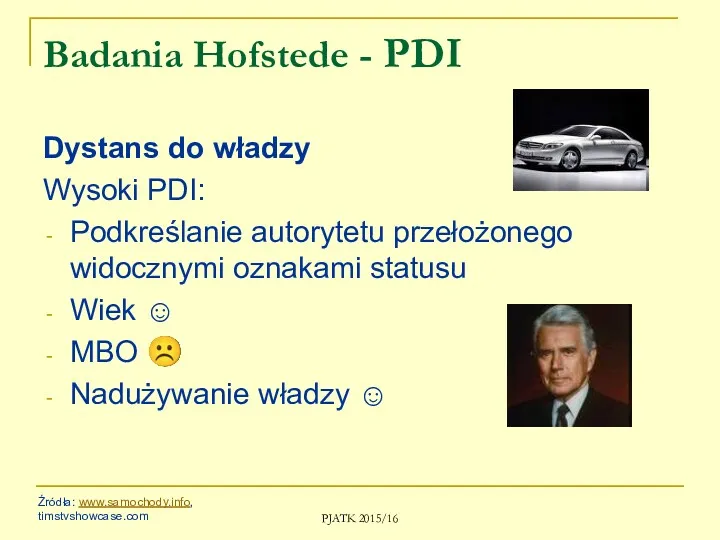 PJATK 2015/16 Badania Hofstede - PDI Dystans do władzy Wysoki