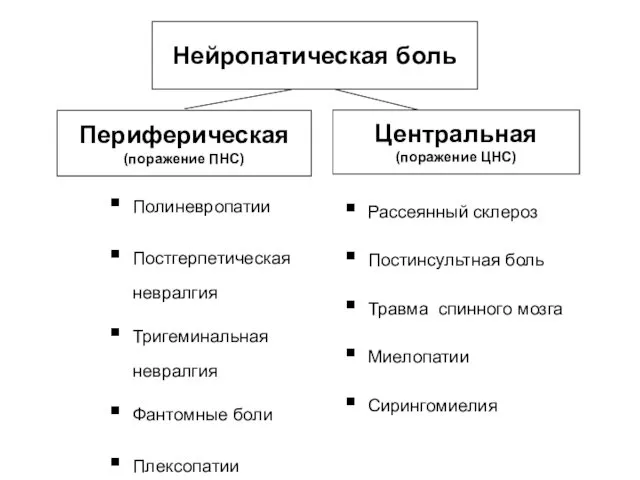 Нейропатическая боль Полиневропатии Постгерпетическая невралгия Тригеминальная невралгия Фантомные боли Плексопатии