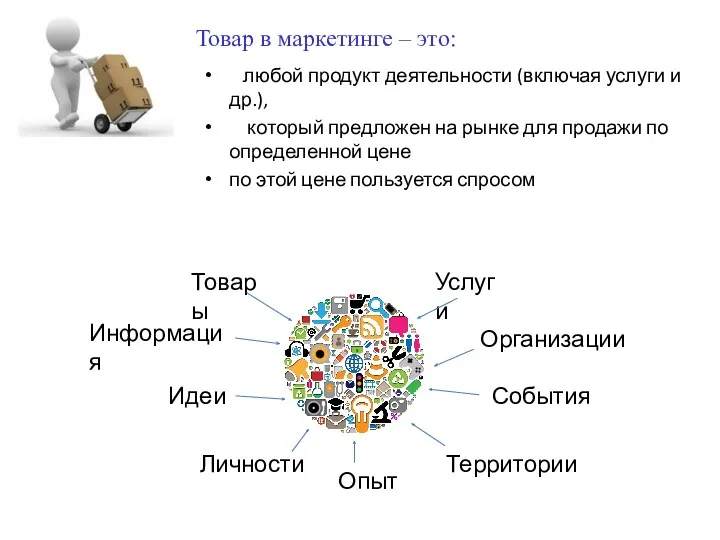 Товар в маркетинге – это: Личности любой продукт деятельности (включая