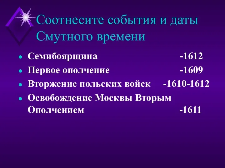 Соотнесите события и даты Смутного времени Семибоярщина -1612 Первое ополчение