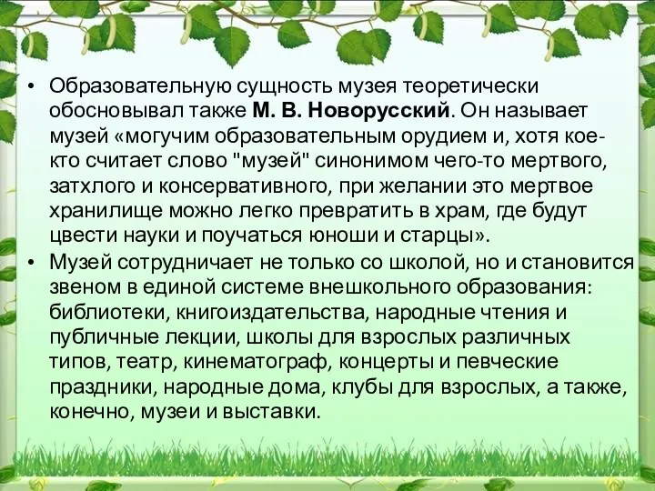 Образовательную сущность музея теоретически обосновывал также М. В. Новорусский. Он