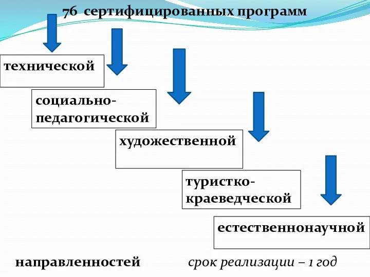 76 сертифицированных программ технической социально-педагогической художественной туристко-краеведческой естественнонаучной направленностей срок реализации – 1 год