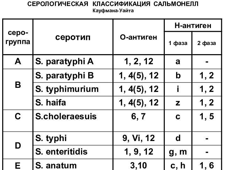 СЕРОЛОГИЧЕСКАЯ КЛАССИФИКАЦИЯ САЛЬМОНЕЛЛ Кауфмана-Уайта