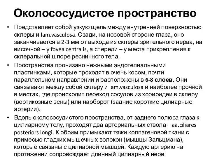 Околососудистое пространство Представляет собой узкую щель между внутренней поверхностью склеры