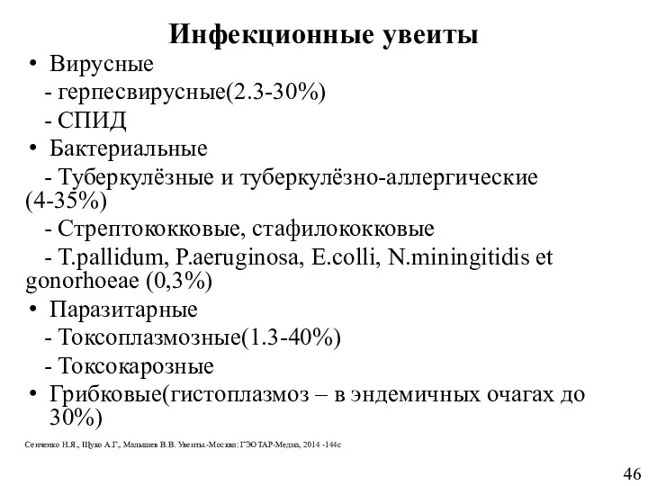 Инфекционные увеиты Вирусные - герпесвирусные(2.3-30%) - СПИД Бактериальные - Туберкулёзные