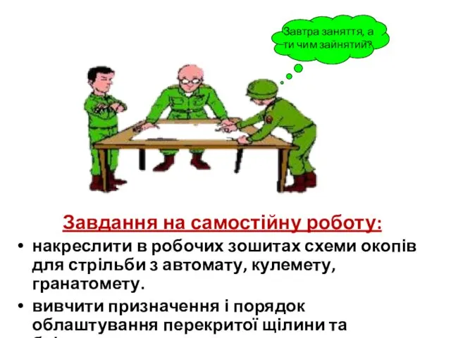 Завдання на самостійну роботу: накреслити в робочих зошитах схеми окопів