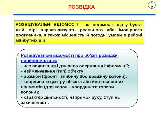 12 РОЗВІДКА РОЗВІДУВАЛЬНІ ВІДОМОСТІ - всі відомості, що у будь-якій