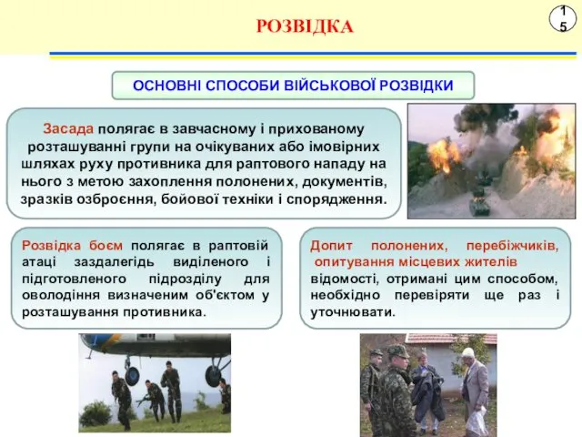 15 РОЗВІДКА Розвідка боєм полягає в раптовій атаці заздалегідь виділеного