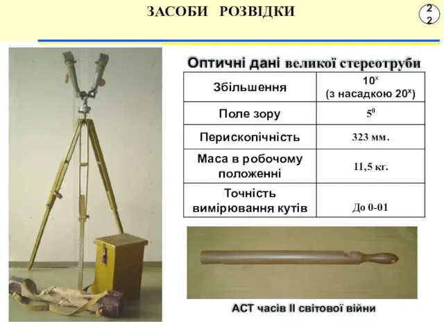 22 ЗАСОБИ РОЗВІДКИ Оптичні дані великої стереотруби АСТ часів ІІ світової війни