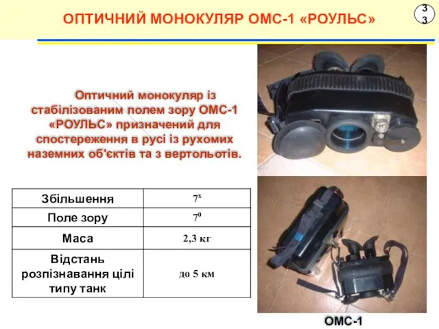 33 Оптичний монокуляр із стабілізованим полем зору ОМС-1 «РОУЛЬС» призначений