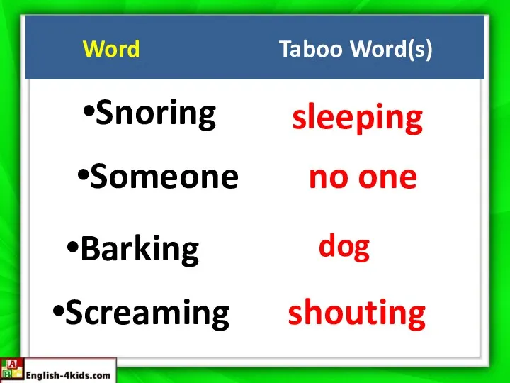 Word Taboo Word(s) Snoring sleeping Someone no one Barking dog Screaming shouting