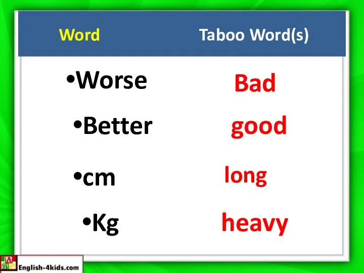 Word Taboo Word(s) Worse Bad Better good cm long Kg heavy