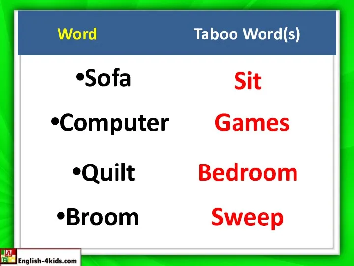 Word Taboo Word(s) Sofa Sit Computer Games Quilt Bedroom Broom Sweep