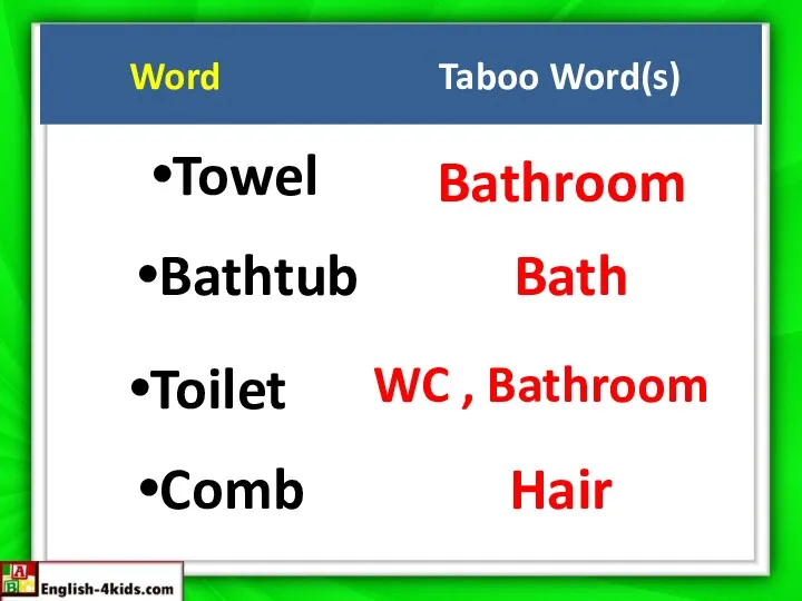 Word Taboo Word(s) Towel Bathroom Bathtub Bath Toilet WC , Bathroom Comb Hair