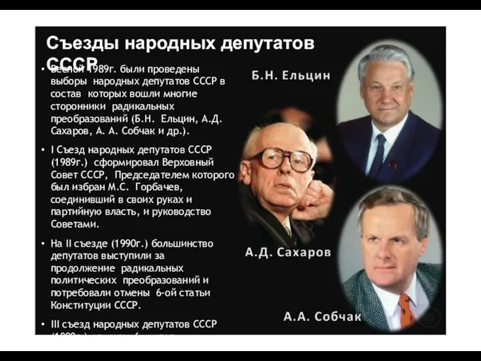 Съезды народных депутатов СССР Весной 1989г. были проведены выборы народных