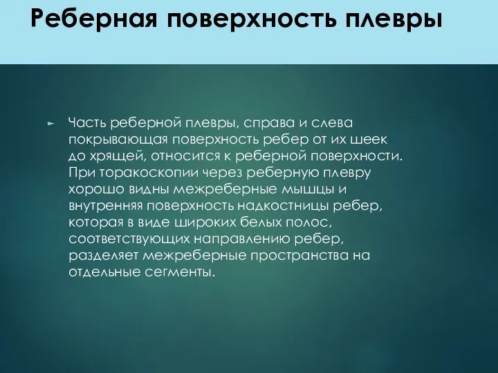 Реберная поверхность плевры Часть реберной плевры, справа и слева покрывающая